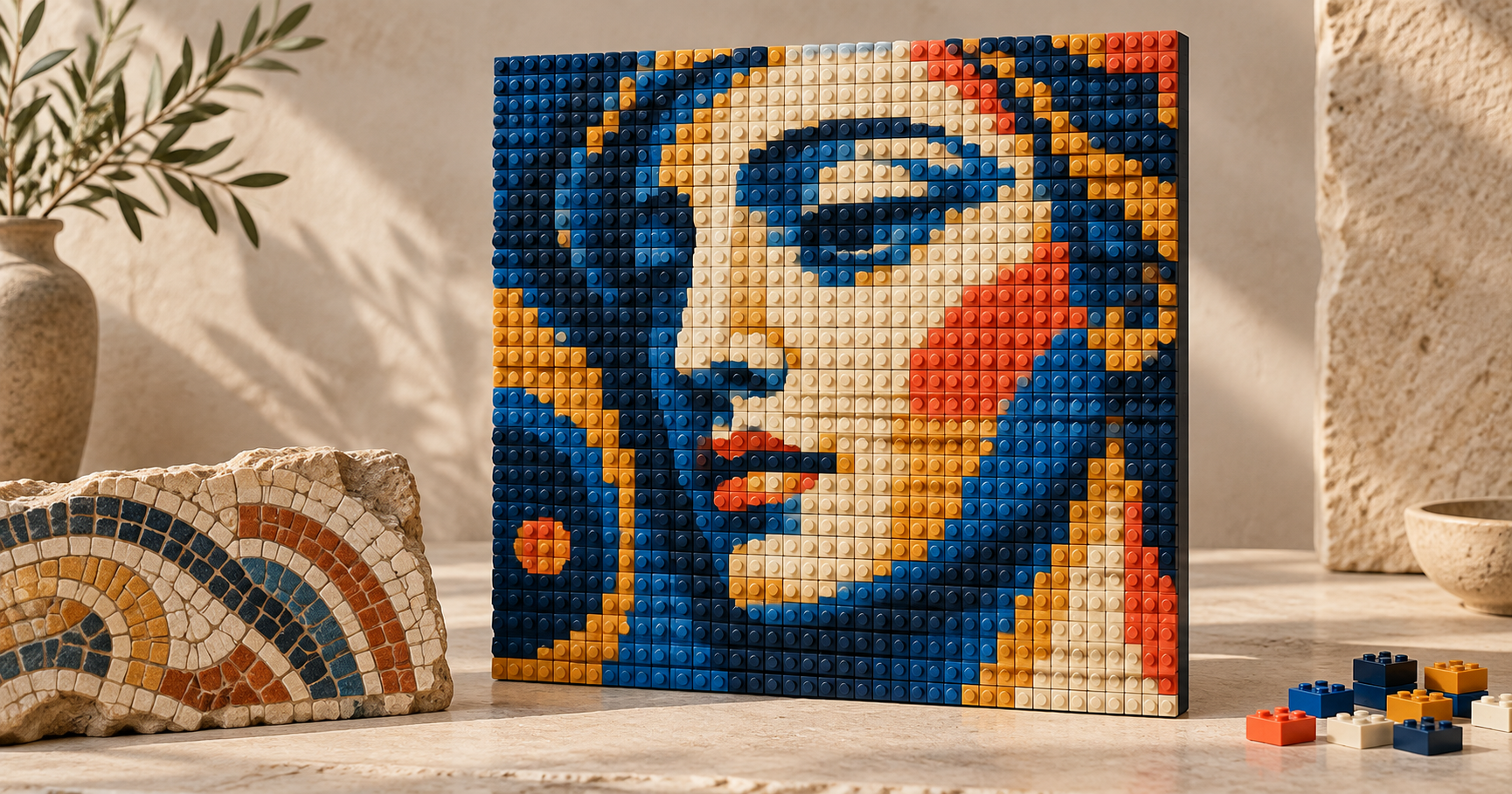Original illustrative composition pairing stone tesserae with an imaginary face built from plastic mosaic elements.
