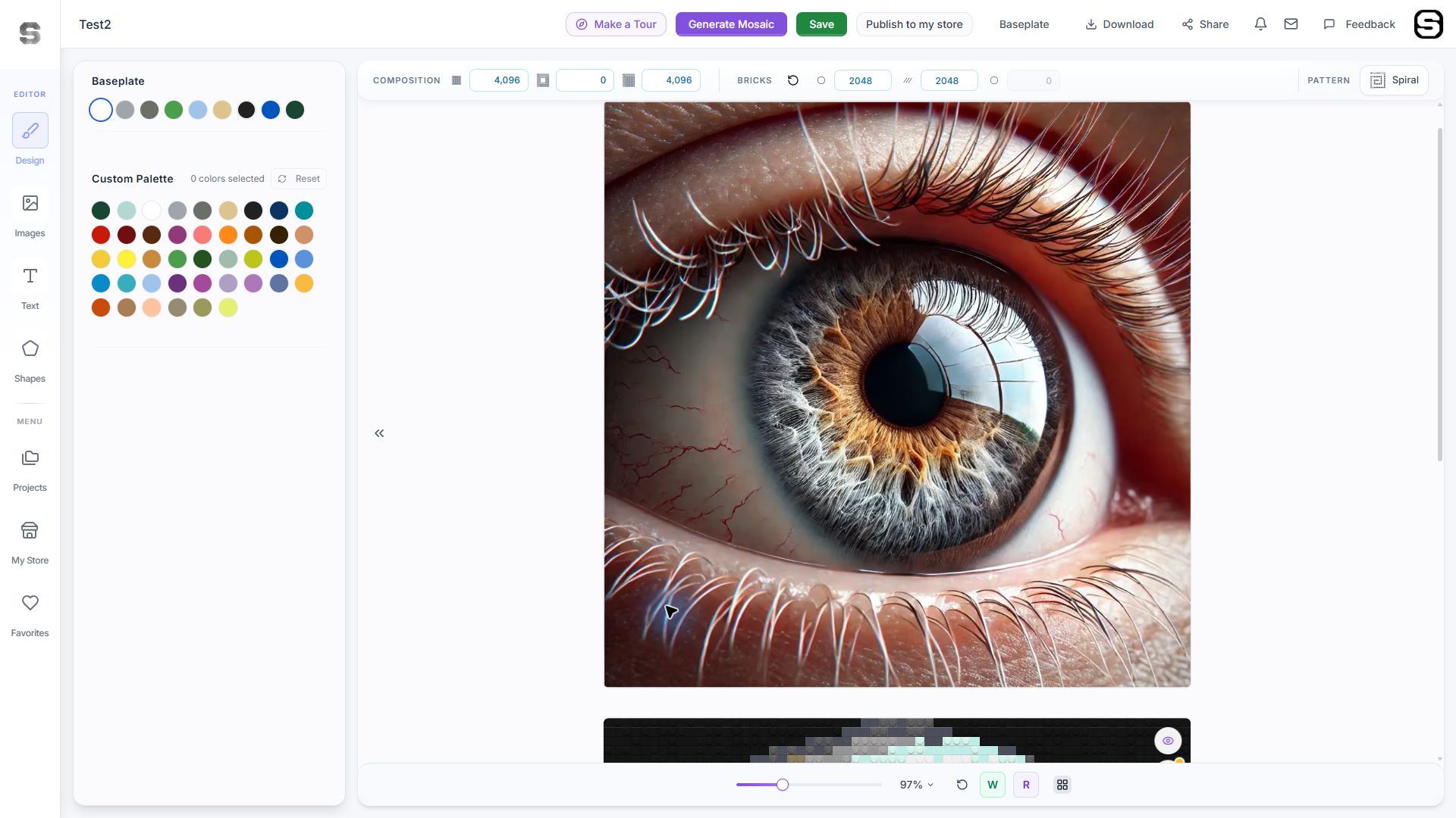 A close-up eye reference image positioned in the Sozaik Studio canvas before viewing its saved mosaic