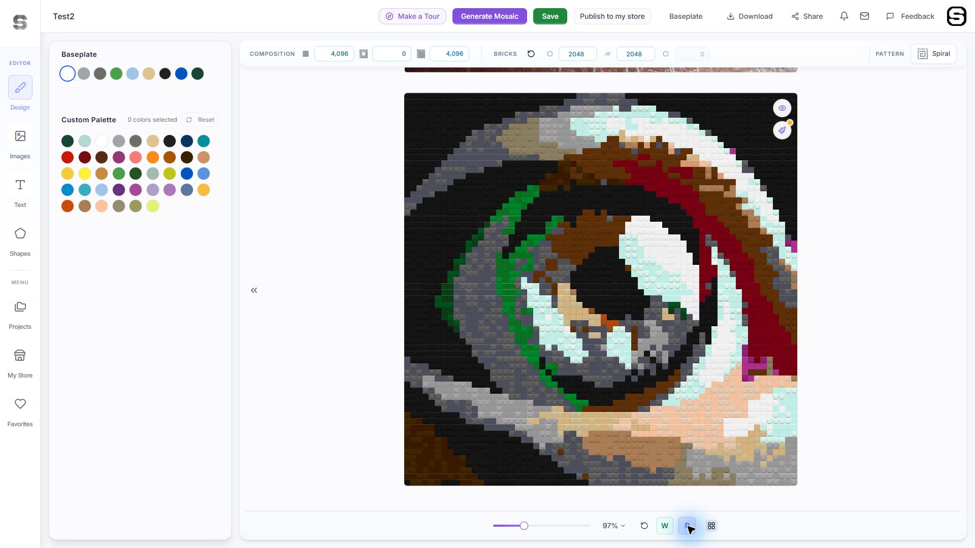 The same eye project shown as a 64 by 64 brick mosaic in Sozaik Studio