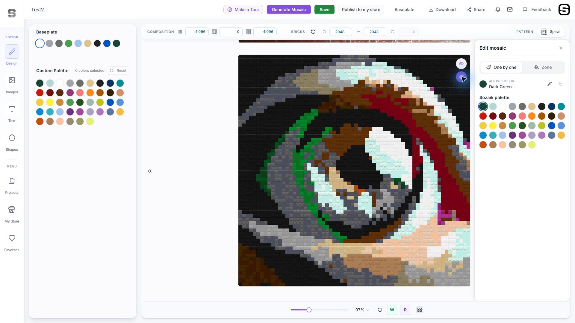 Sozaik’s Edit mosaic panel beside the eye design, with One by one and Zone editing options