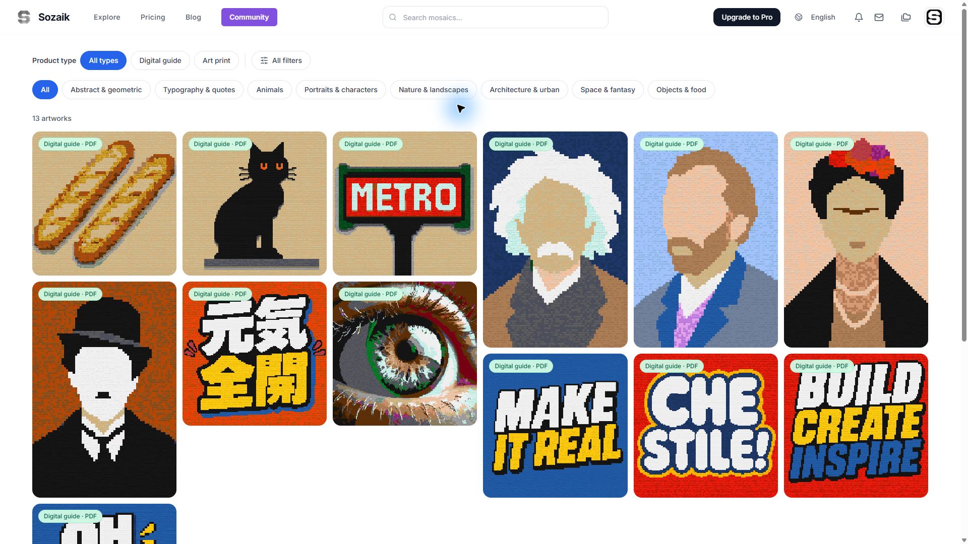 The Sozaik Marketplace showing artwork cards, search and product-type filters