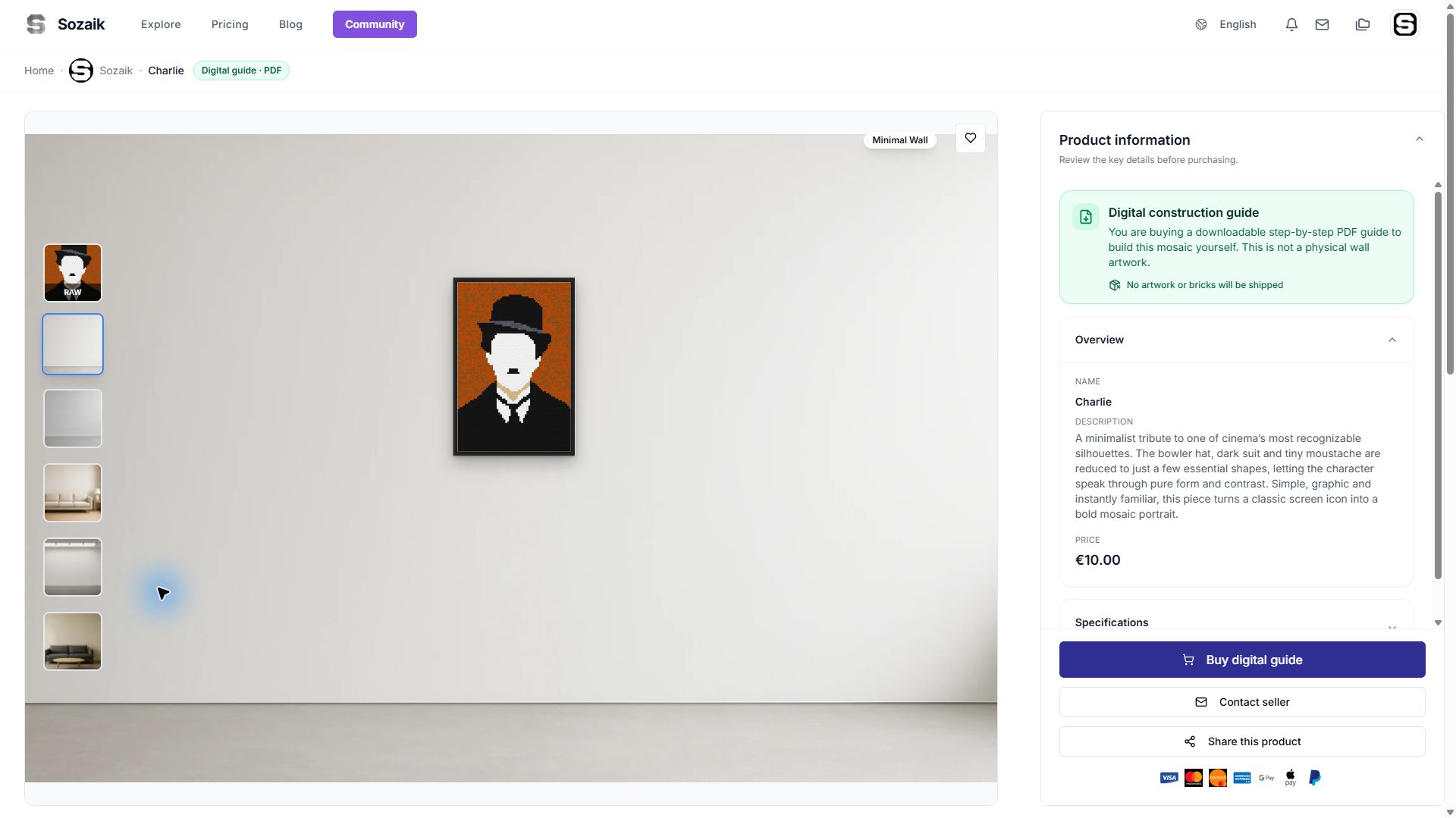 The Charlie listing in Sozaik with a wall preview and a notice that the purchase is a downloadable PDF construction guide